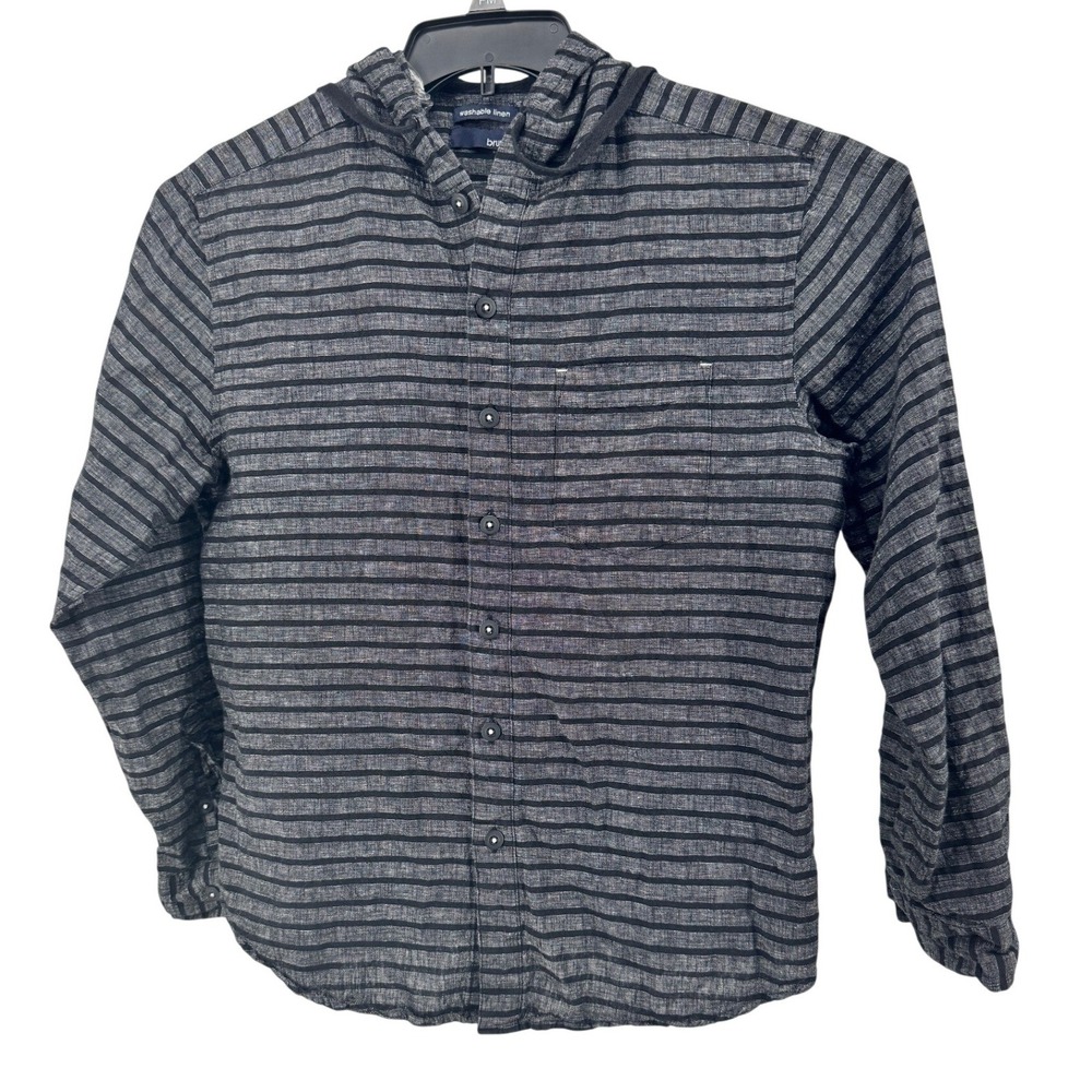 Bruno Hooded Linen‎ Shirt Mens Small Grey Black Striped Roll Tab Long Sleeve